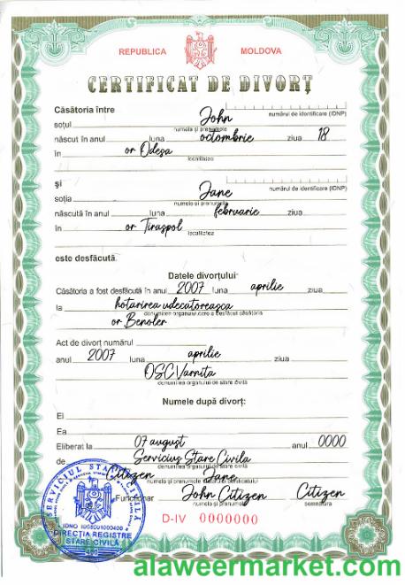 Moldova vital record divorce certificate